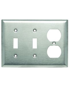 Pass & Seymour® 3-Gang Combination Wall Plate, 2 Toggle Switch & 1 Duplex Receptacle, 302/304 Stainless Steel