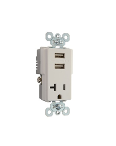 20Amp 10.5W 125V Fed Spec Grade USB Chargers w/ Tamper-Resistant 20A Receptacle, White
