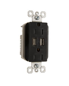 15Amp 125V USB Charger with Duplex Decorator Tamper-Resistant Receptacle, Black